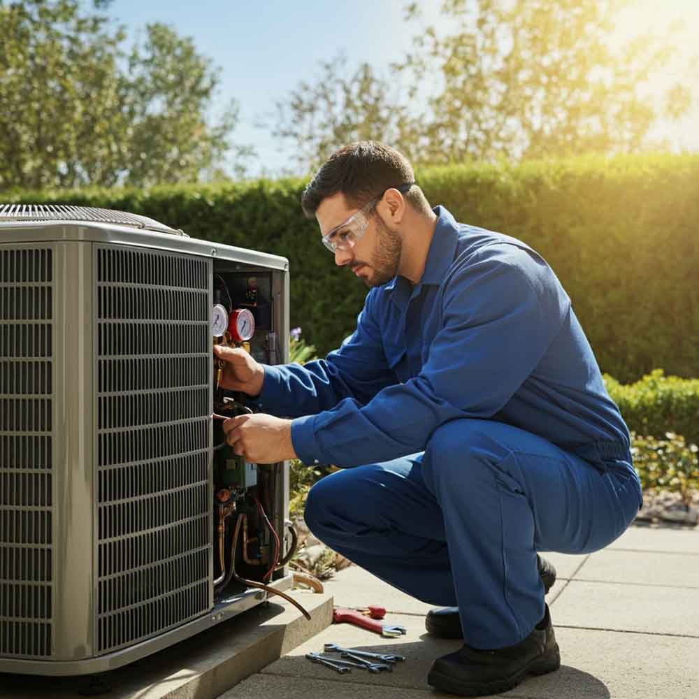 technician tinkering with an HVAC unit technician tinkering with an HVAC unit